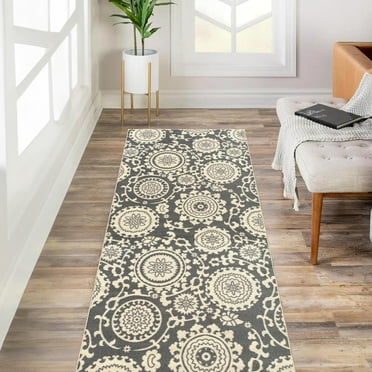 Custom Size Brown Floral Boxes Rubber Backed Non-Slip Hallway Stair Runner Rug Carpet 22 inch Wide Choose Your Length 22in X 14ft