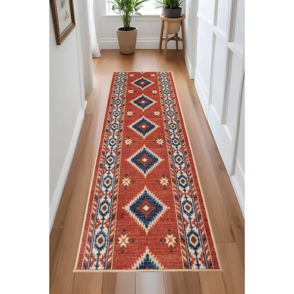 Custom Size Canvas Back Southwestern Terra Cotta Orange Design Runner Rugs ( 12' x 26")