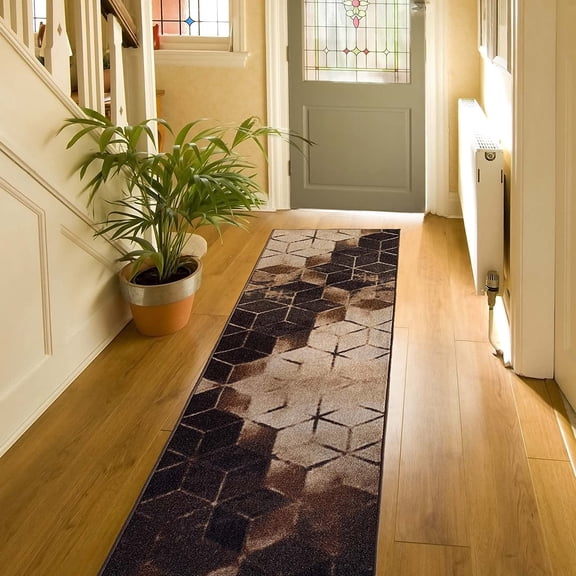 Custom Size Cubes Abstract Design Black, Beige, Blue, Brown Color Options Non-Slip Rubber Backing- 26 Inch Wide by Your Choice of Length-Hallway Stair Runner Carpet