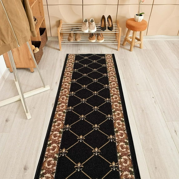 Custom Size Fleur De Lis French Design Black, Beige, Blue, Brown, Gray and Red Color Options Non-Slip Rubber Backing- 26 Inch Wide by Your Choice of Length-Hallway Stair Runner Carpet