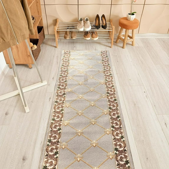 Custom Size Fleur De Lis French Design Black, Beige, Blue, Brown, Gray and Red Color Options Non-Slip Rubber Backing- 26 Inch Wide by Your Choice of Length-Hallway Stair Runner Carpet