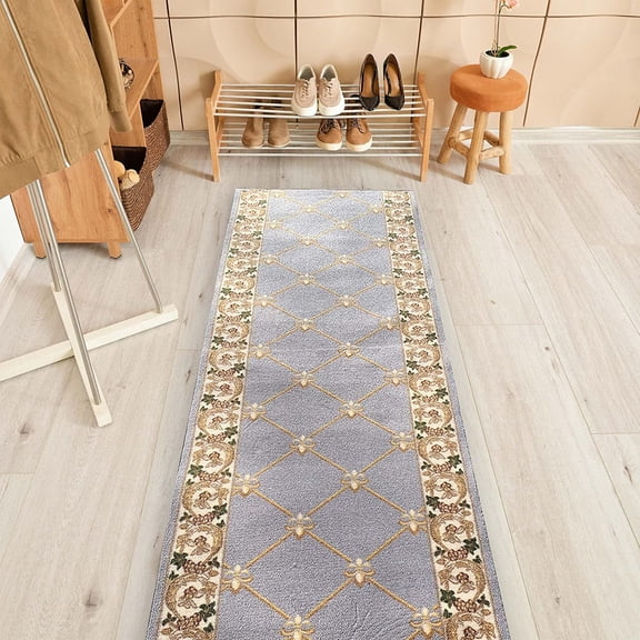 Custom Size Fleur De Lis French Design Black, Beige, Blue, Brown, Gray and Red Color Options Non-Slip Rubber Backing- 26 Inch Wide by Your Choice of Length-Hallway Stair Runner Carpet