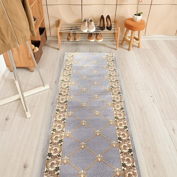 Custom Size Fleur De Lis French Design Black, Beige, Blue, Brown, Gray and Red Color Options Non-Slip Rubber Backing- 26 Inch Wide by Your Choice of Length-Hallway Stair Runner Carpet