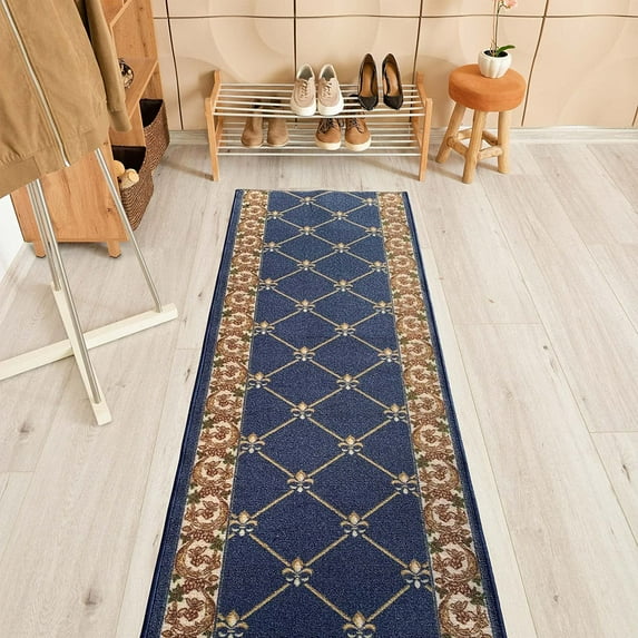 Custom Size Fleur De Lis French Design Black, Beige, Blue, Brown, Gray and Red Color Options Non-Slip Rubber Backing- 31 Inch Wide by Your Choice of Length-Hallway Stair Runner Carpet