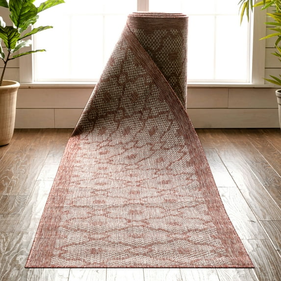 Custom Size Indoor/Outdoor Runner-Choose Your Length-Sunna Coral Pink Flat-Weave Moroccan Trellis Pattern 31 Inch Wide x 35 Feet Long Runner (31" x 35' Runner) Rug