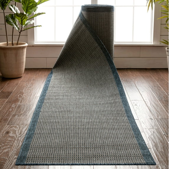 Custom Size Indoor/Outdoor Runner-Choose Your Length-Woden Blue Flat-Weave Solid Color Border Pattern 31 Inch Wide x 75 Feet Long Runner (31" x 75' Runner) Rug