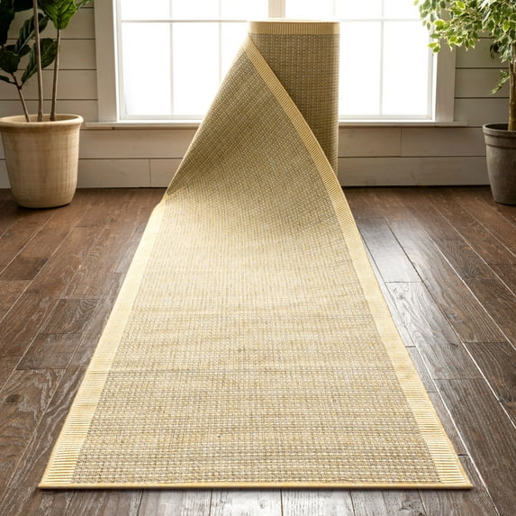 Custom Size Indoor/Outdoor Runner-Choose Your Length-Woden Bright Yellow Flat-Weave Solid Color Border Pattern 31 Inch Wide x 12 Feet Long Runner (31" x 12' Runner) Rug