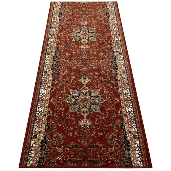 Custom Size Oriental Medallion Red Rug Runner Printed Classic Medallion Design Cut to Size Hotel Quality Runner Rug By Feet.