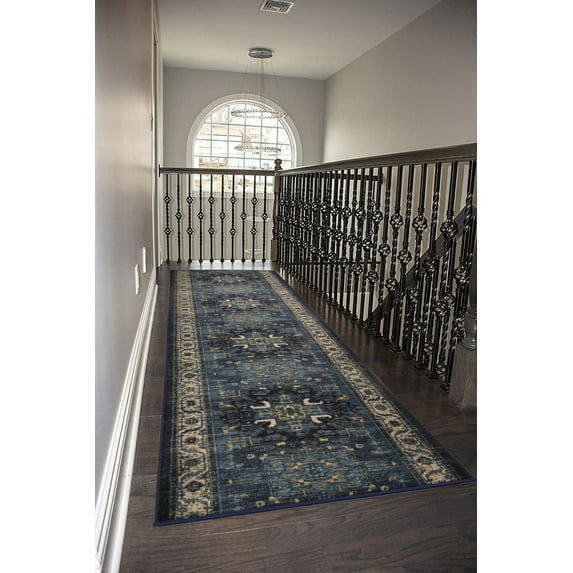 Custom Size Rug Runner Traditional Vintage Distressed Looks Medallion Design Hotel Quality Cut To Size Oriental Isfahan Navy Blue Runner Rug, Customize by Feet
