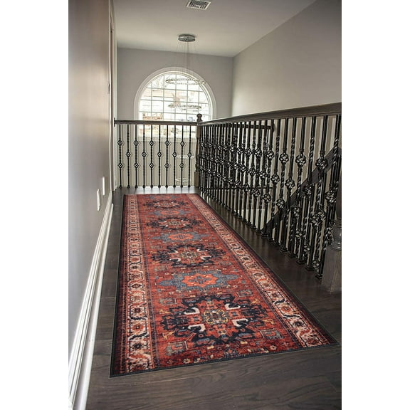 Custom Size Rug Runner Traditional Vintage Distressed Looks Medallion Design Hotel Quality Printed Cut To Size Oriental Red Runner Rug, We Customize Length by Feet Available Width 26", 31.5" or 35"
