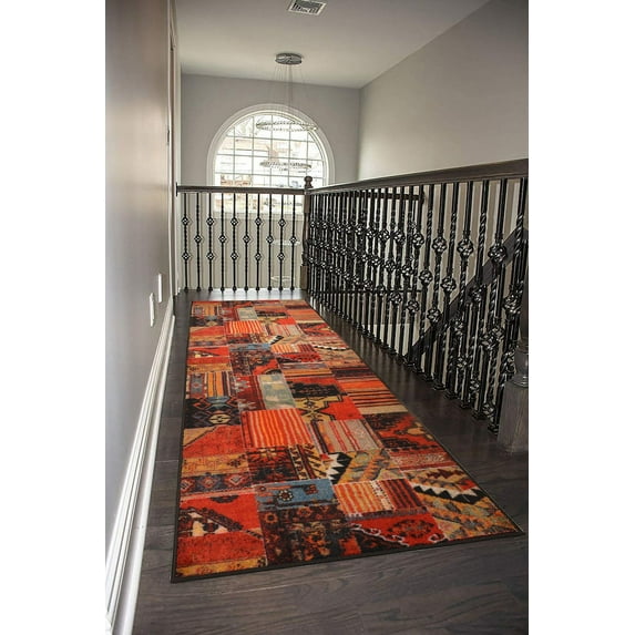 Custom Size Rug Runner Traditional Vintage Distressed Looks Patchwork Kilim Design Hotel Quality Cut To Size Oriental Canvas Backing Red Runner Rugs, Customize Length by Feet and 26" or 35" Width