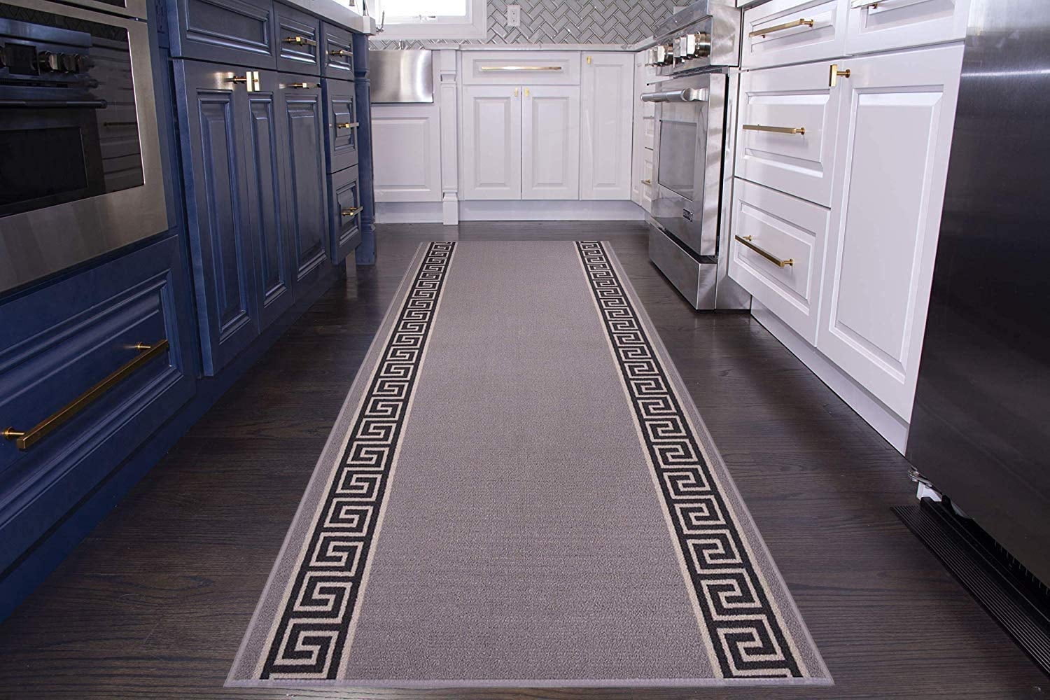 Custom Size Runner Rug Bordered Grey Color Greek Key Meander Design Roll Rug Runner Choice of Your&nbsp;Length by Feet&nbsp;Slip Resistant Latex Back Cut to Size Runner Rugs Customize in USA Facility