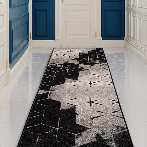 Custom Size Runner Rug Cubes Abstract Design Beige Color 26 or 31 inch Wide Pick Your Length Non-Slip Rubber Backing