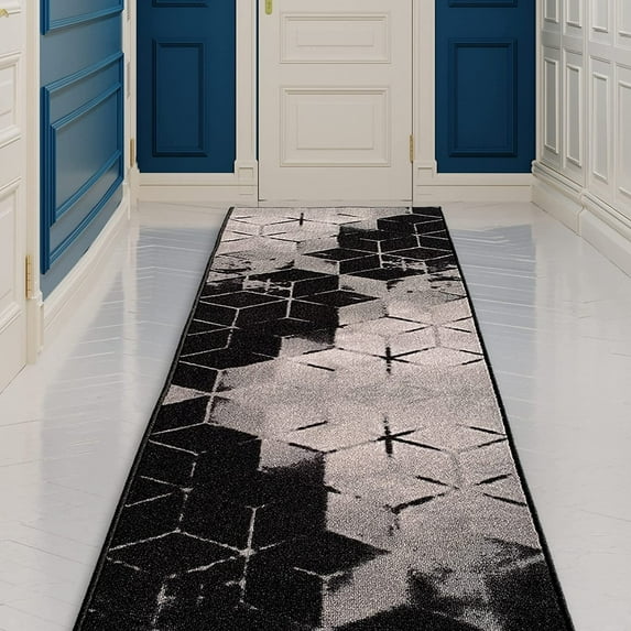 Custom Size Runner Rug Cubes Abstract Design Black Color 26 or 31 inch Wide Pick Your Length Non-Slip Rubber Backing