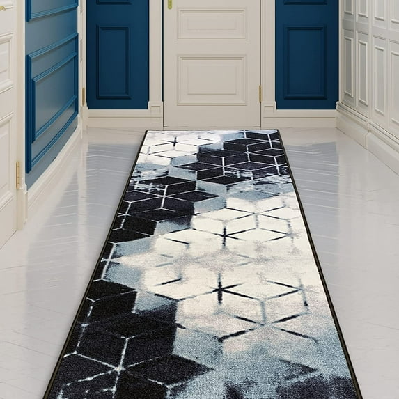 Custom Size Runner Rug Cubes Abstract Design Blue Color 26 or 31 inch Wide Pick Your Length Non-Slip Rubber Backing