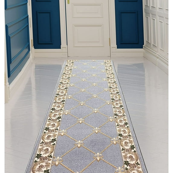 Custom Size Runner Rug Fleur De Lis French Design Gray Color 26 or 31 inch Wide Pick Your Length Non-Slip Rubber Backing Stair Runner