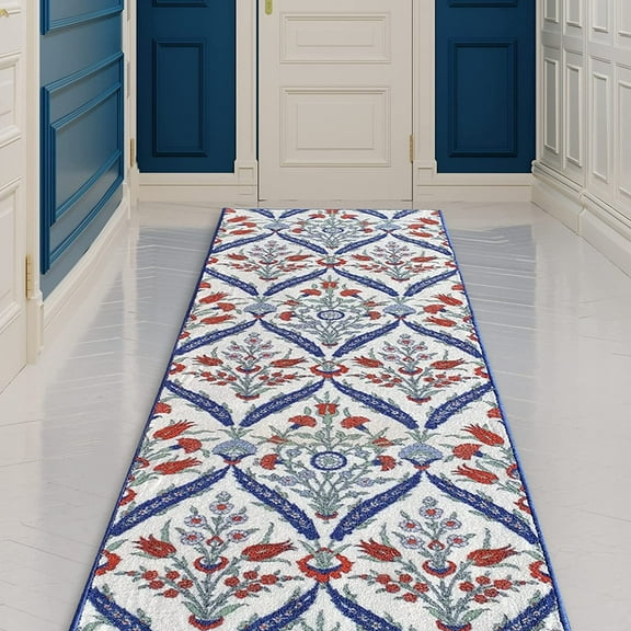 Custom Size Runner Rug For Hallway Turkish Ottoman Cini Design Multicolor 26 Inch or 31 Inch Wide by Your Length Choice Slip Resistant Rubber Backing Stain Resistant Pile Stair Runner