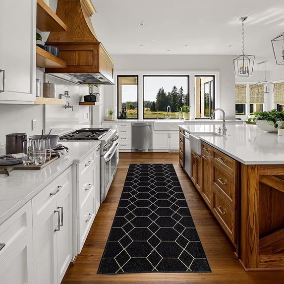 Custom Size Runner Rug Hexagon Trellis Design Black Color 26 or 31 inch Wide Pick Your Length Non-Slip Rubber Backing Stair Runner