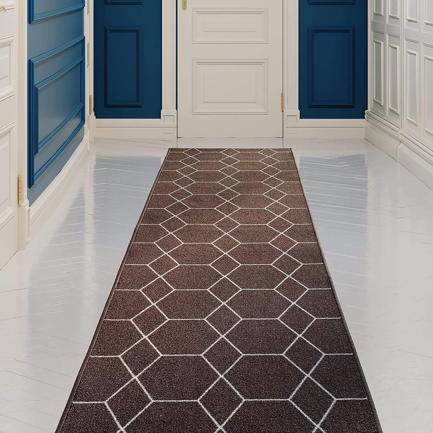 Custom Size Runner Rug Hexagon Trellis Design Brown Color 26 or 31 inch Wide Pick Your Length Non-Slip Rubber Backing Stair Runner