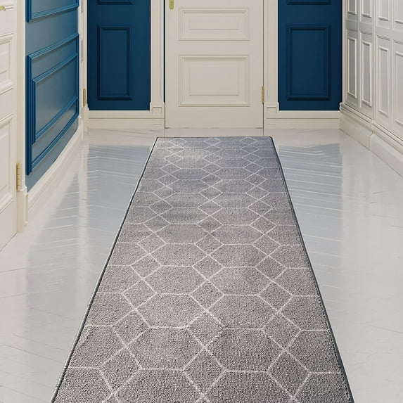 Custom Size Runner Rug Hexagon Trellis Design Gray Color 26 or 31 inch Wide Pick Your Length Non-Slip Rubber Backing Stair Runner