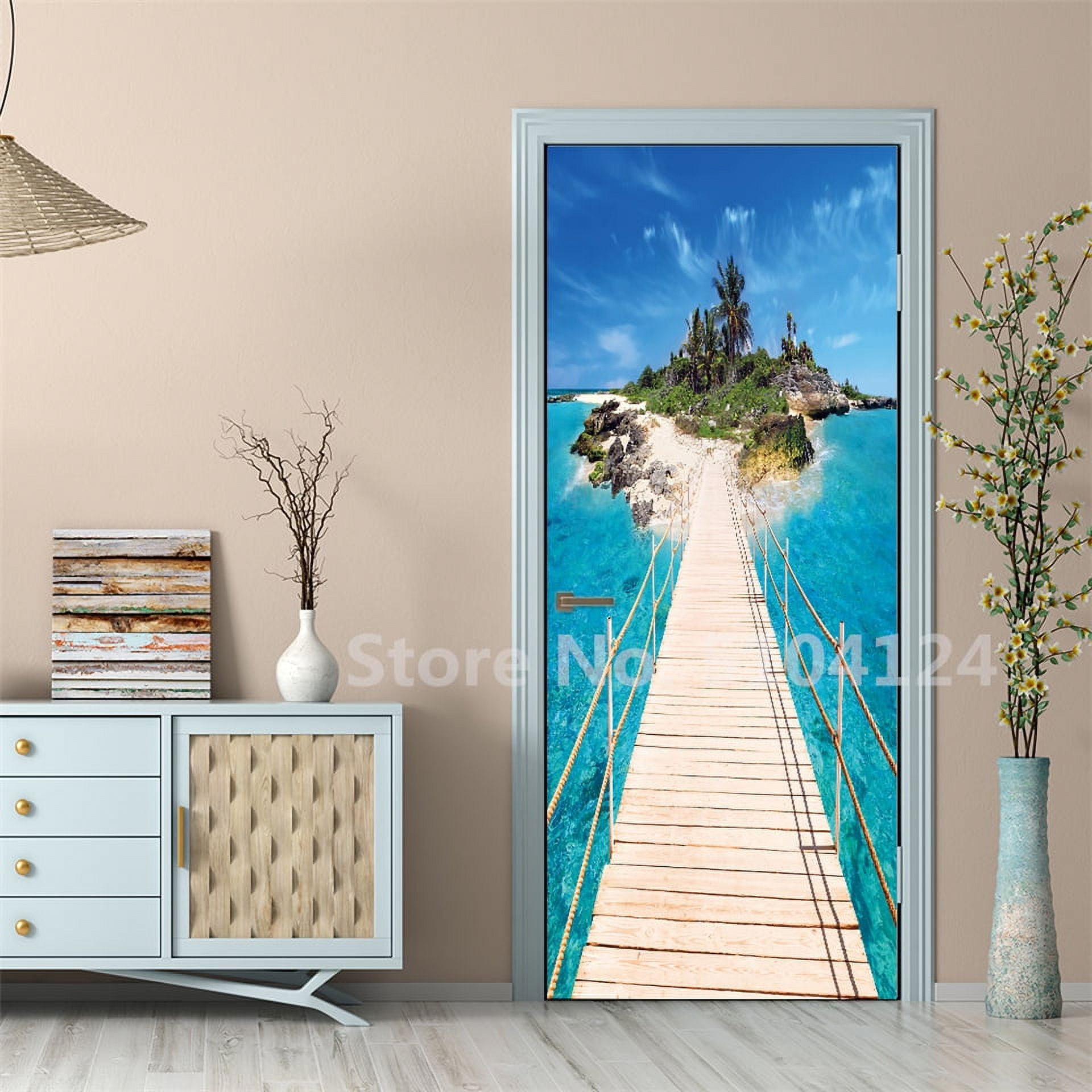 Custom Size Seaside Landscape Door Stickers Beach Sea Wallpaper Self