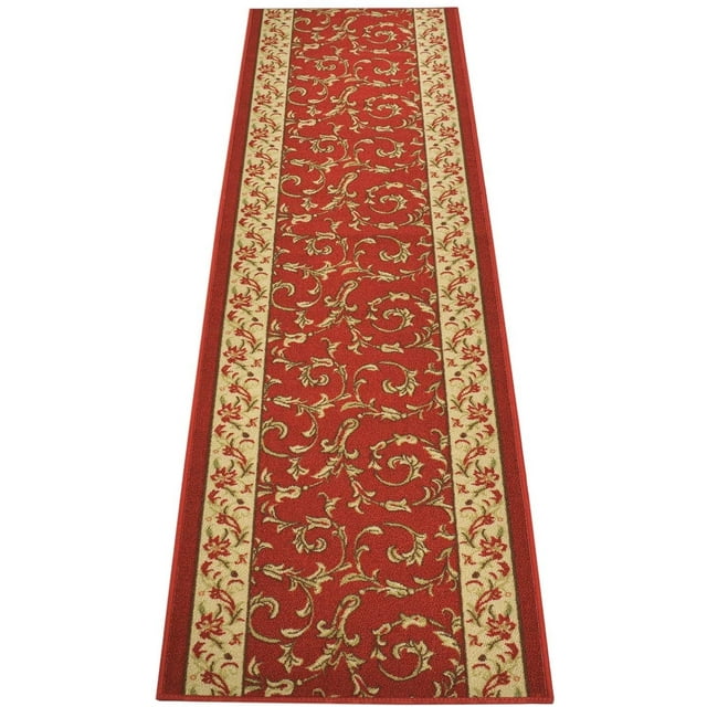 Extra-Long Low Pile Runner Rug Skid Resistant Backing Rug Runner Orient and Floral Red Cut to Size Roll Runner Rugs - 17 Feet x 36 Inch