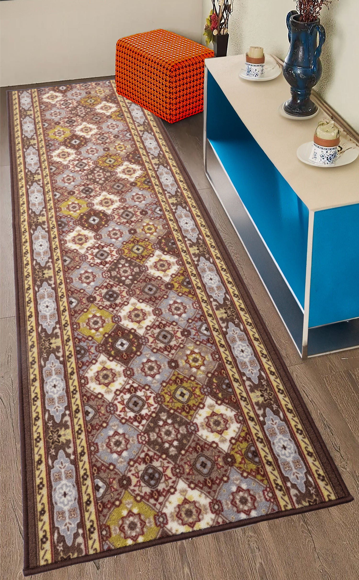 Taupe Entry Rug Custom Size Washable Anti Slip Low Pile Classic Oriental Taupe Design ...