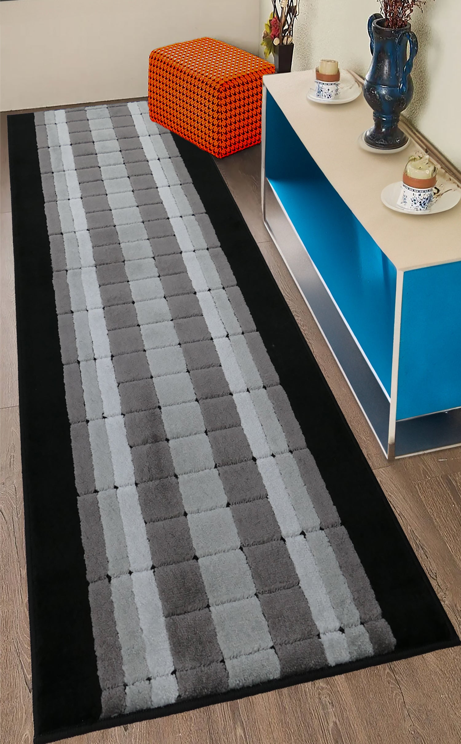 Custom Size Washable Anti Slip Soft Pile Squares Gray and Black Design