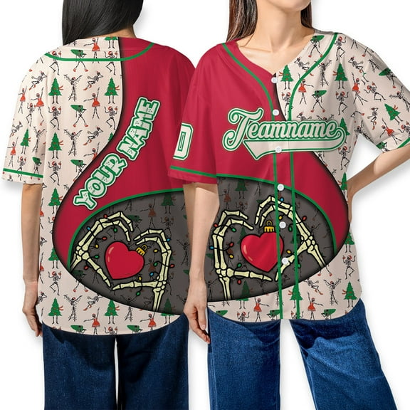 Custom Skeleton Christmas Baseball Jersey – Personalized Holiday Baseball Shirt With Heart & Skeleton Hands – Funny Xmas Team Apparel