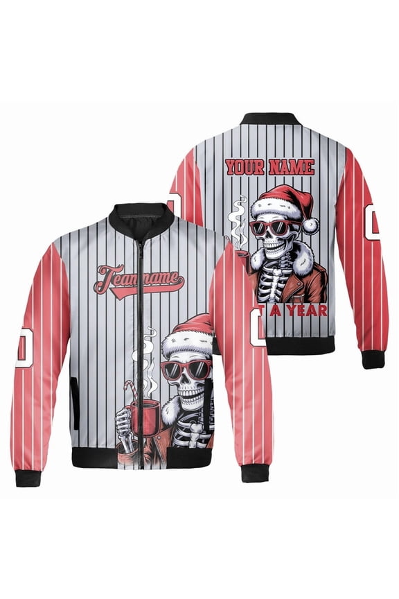 Custom Skeleton Christmas Bomber Jacket – Personalized Holiday Jacket With Santa Hat Skeleton Drinking Coffee – Funny Xmas Outerwear