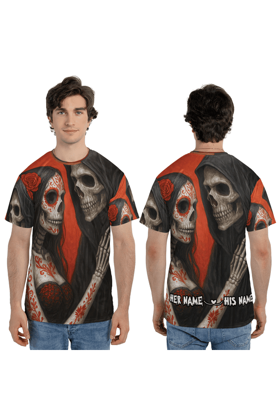 Custom Skeleton Couple 3D T-Shirt, Romantic Skull Lovers 3D Tee, Mexican Gothic Love Custom 3D Print Shirt