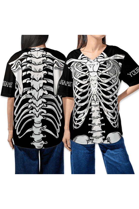 Custom Skeleton Halloween Baseball Jersey – Personalized Name & Number Shirt with Full Bone Spine Ribcage Print