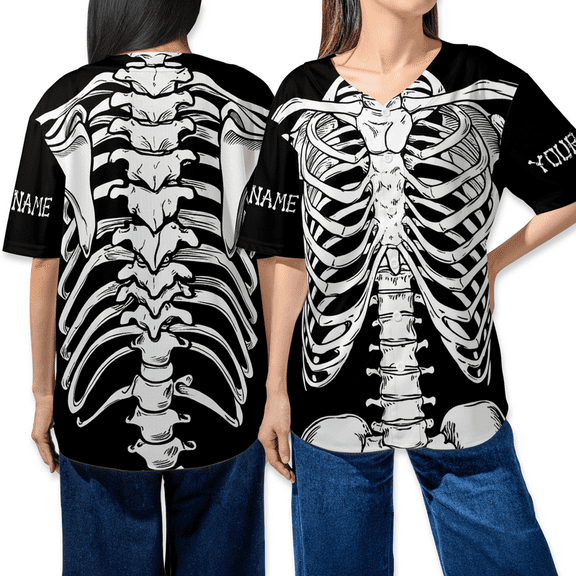 Custom Skeleton Halloween Baseball Jersey – Personalized Name & Number Shirt with Full Bone Spine Ribcage Print