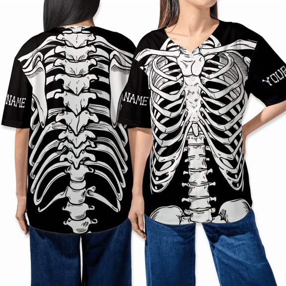 Custom Skeleton Halloween Baseball Jersey – Personalized Name & Number Shirt with Full Bone Spine Ribcage Print