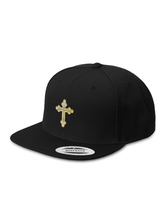 Custom Snapback Baseball Cap Gold Outline Orthodox Cross Embroidery Acrylic Flat Bill Hard Hat Snaps Black Design Only