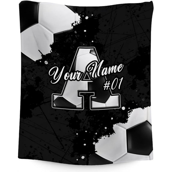 Custom Soccer Blanket - 50x60 Inches Sports Throw Blankets - Personalized Initial Name Gifts for Women Men - Cozy Plush Large Blanket for Boys Kids - Living Room Decor for Soccer Lovers