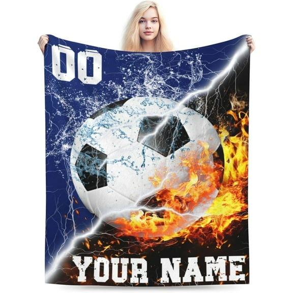 Custom Soccer Blanket with Name No. for Women Men, Personalized Cool Soccer Themed Design Printed Throw Blankets for Teens Adults Lap, Chair Sofa, Giftable Blanket, 50"x 60"
