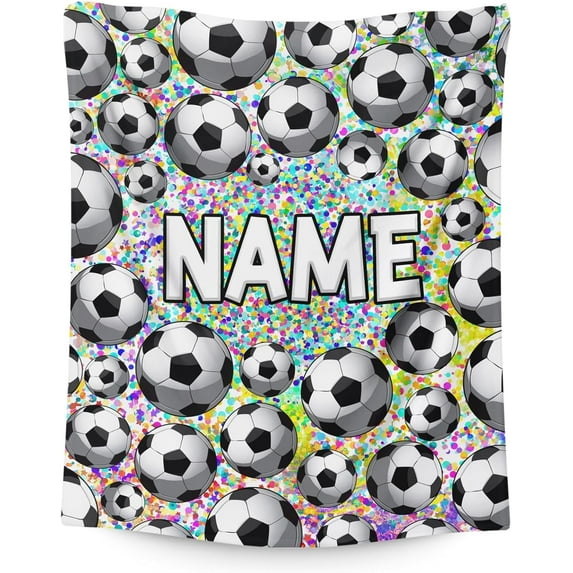Custom Soccer Blanket with Name - 60x50 Inches Sports Throw Blanket Gifts for Kids, Adults, White Soft Warm Fuzzy Blankets for Bed, Couch