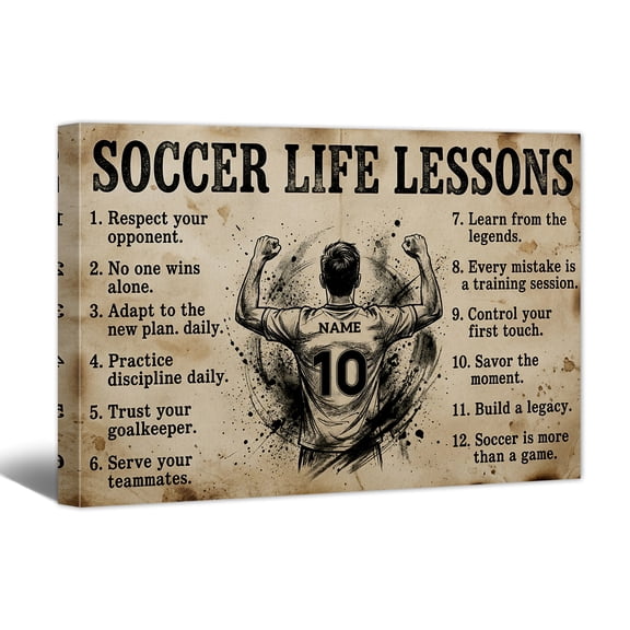 Custom Soccer Life Lessons Canvas Wall Art, Personalized Motivational Canvas Prints with Your Name & Numbers, Inspirational Sports Gifts for Motocross Lovers, Athletes Bedroom Decor