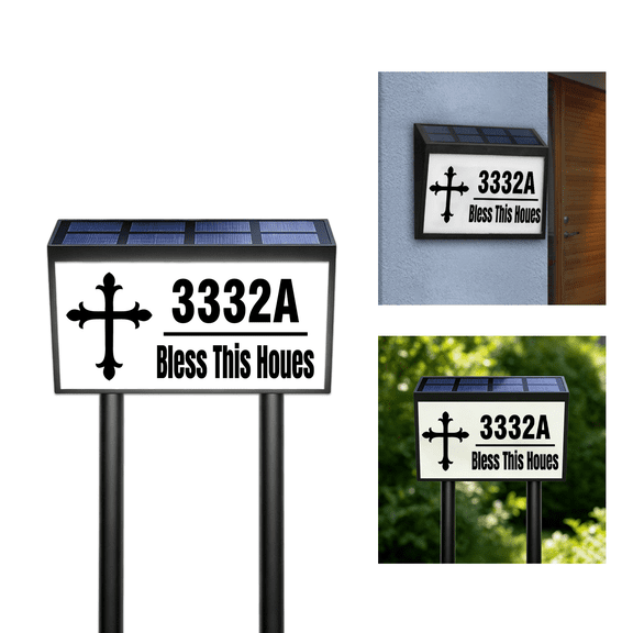 Custom Solar House Numbers For Outside, Custom Cross Sign, Personalized LED Illuminated Home Number Address Sign, Auto On/Off LED Lighted Outdoor Address Number Plate for Yard Garden Home Decor