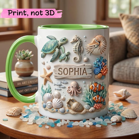 Custom Sophia Name Mug Personalized Sea Life Coffee Cup 3D Beach Theme Ceramic Mug Ocean Lover Birthday Gift Coastal Sea Shell Mug