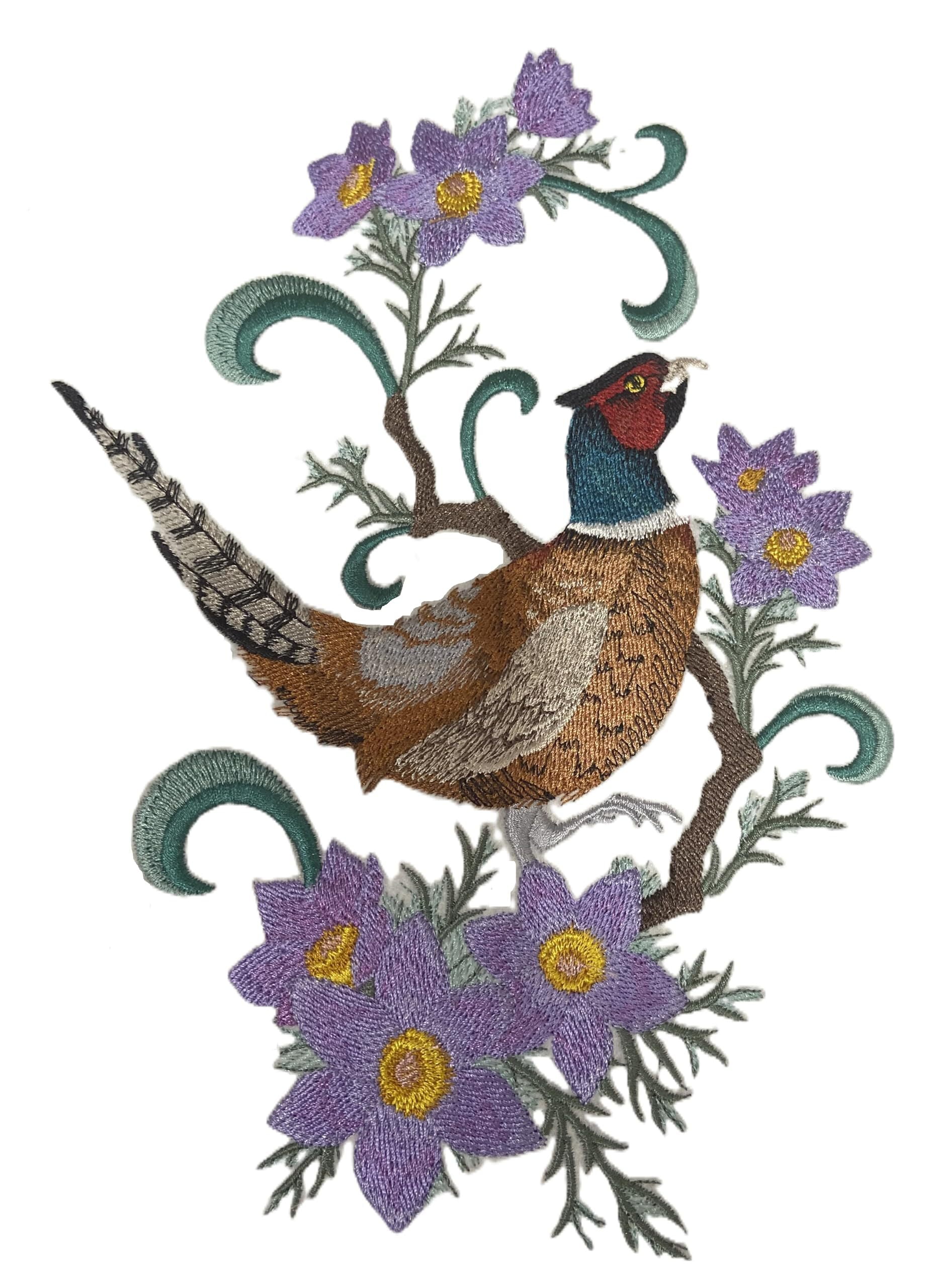 Custom South Dakota Ring-Necked Pheasant and Pasqueflower Medley Bird Embroidery Iron On/Sew Patch - Beyond Vision (6.99" x 10.18")