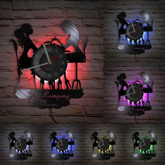 Custom Spa Salon Business Name LED Lighting Wall Clock 12'' Personalized Vinyl LP Record Wall Clock