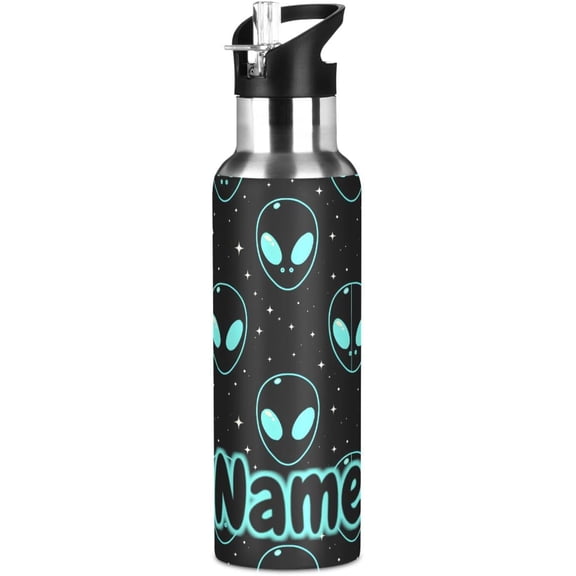 Custom Space Blue Aliens Water Bottle with Straw Lid Personalized Name Kids Insulated Stainless Steel Water Flask Sports, 20 Oz Hot Cold
