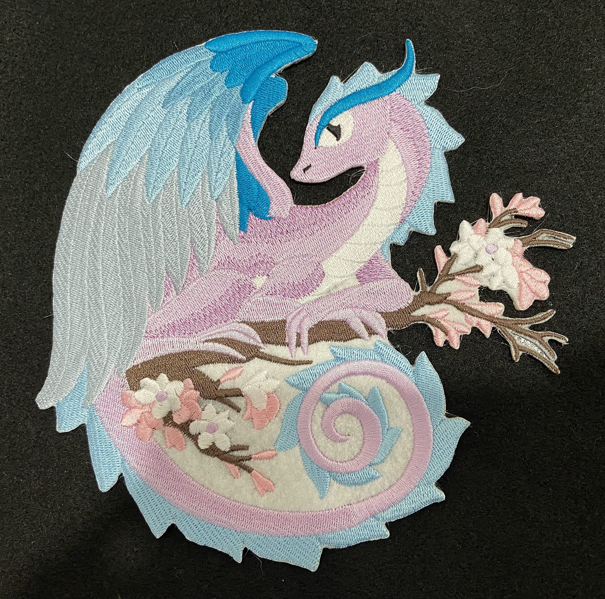 Spring Dragon Embroidered Patch – Large Pastel Mythical Dragon Iron-On or Sew-On Design 7.8" x 7.8"