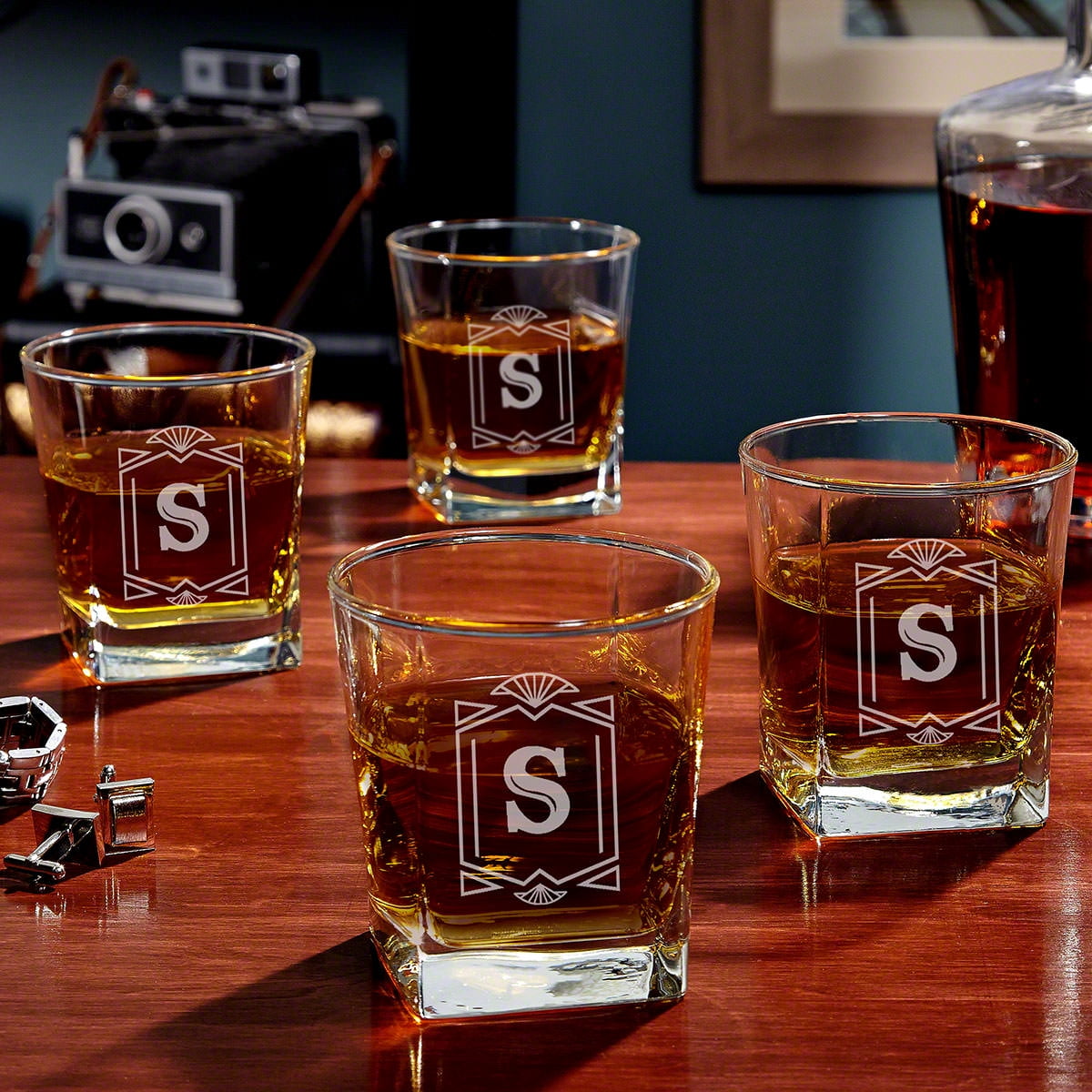 Personalized Square Rocks Whiskey Glass with Gold Rim