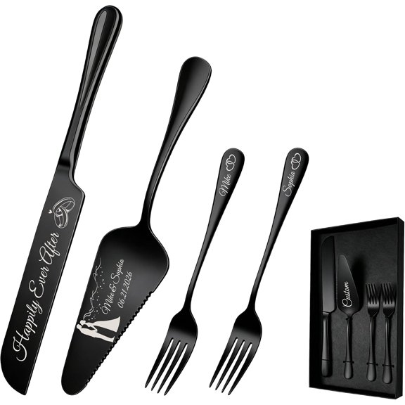 Custom Stainless Steel Cake Knife & Server Set, 2 Forks Included, Wedding/Anniversary Gift