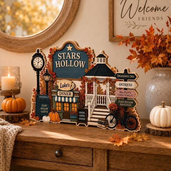Custom Stars Hollow Wooden Home Decor, Personalized Autumn Town Decor, Wooden Shelf Display, Cozy Book Lover Fall Gift