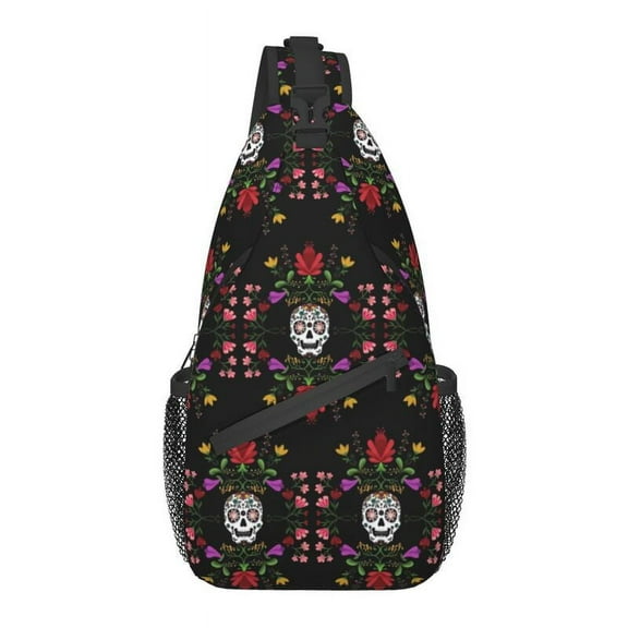 Custom Sugar Skull And Flowers Sling Bags for Men Cool Day Of The Dead Shoulder Chest Crossbody Backpack Cycling Camping Daypack