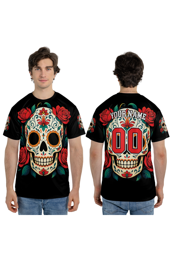 Custom Sugar Skull Rose 3D T-Shirt, Gothic Mexican Custom Name 3D Tee, Roses Skull Pattern 3D Print Shirt